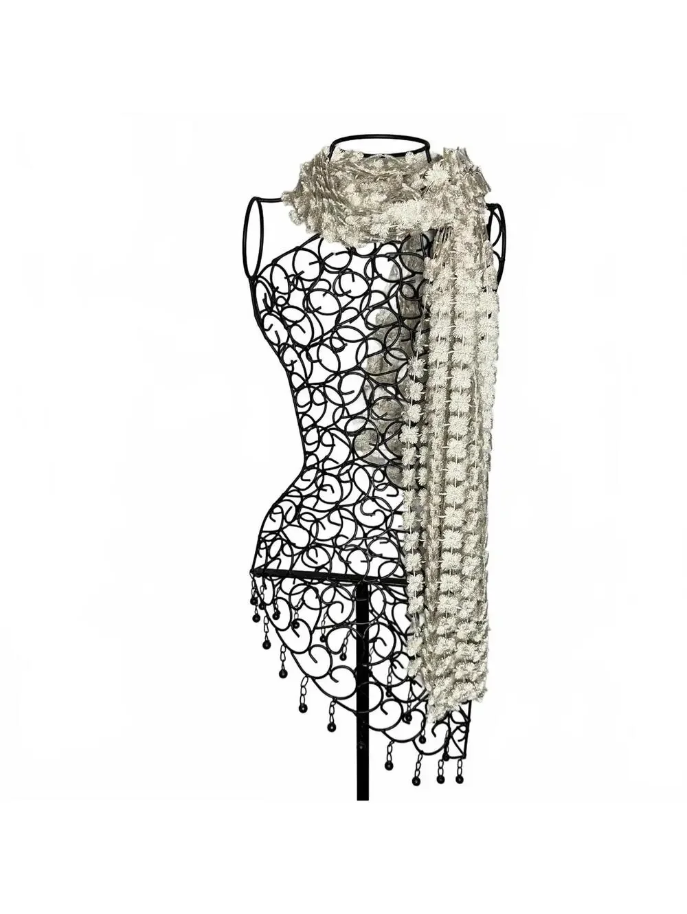 Vintage Ivory Floral Crochet Lace Shawl Scarf Wrap Boho Cottagecore Romantic